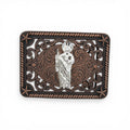 Antique copper western buckle with silver San Judas centerpiece, scrollwork, and star accents.
