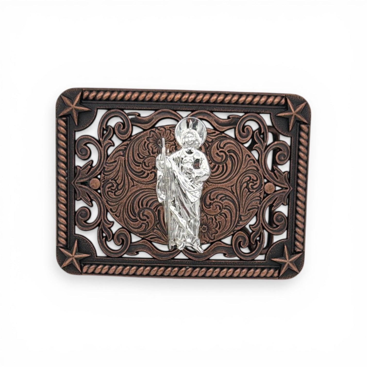 Antique copper western buckle with silver San Judas centerpiece, scrollwork, and star accents.