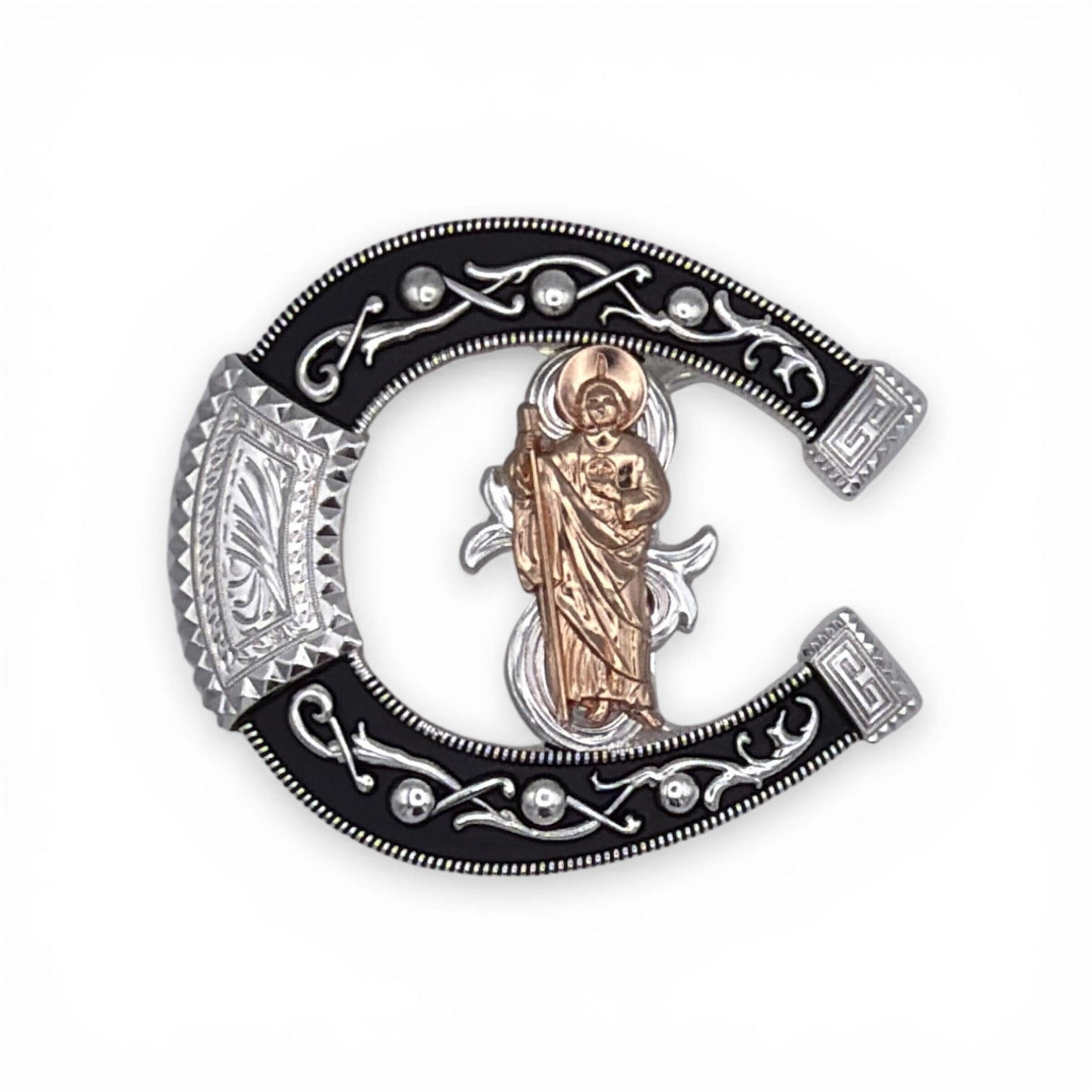 Copper San Judas horseshoe buckle with black enamel, silver engraved western scrolls.