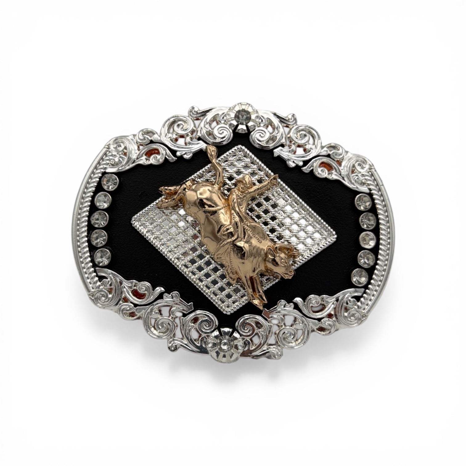 Golden rodeo bull rider buckle with black background, silver western scrollwork, and rhinestone accents.