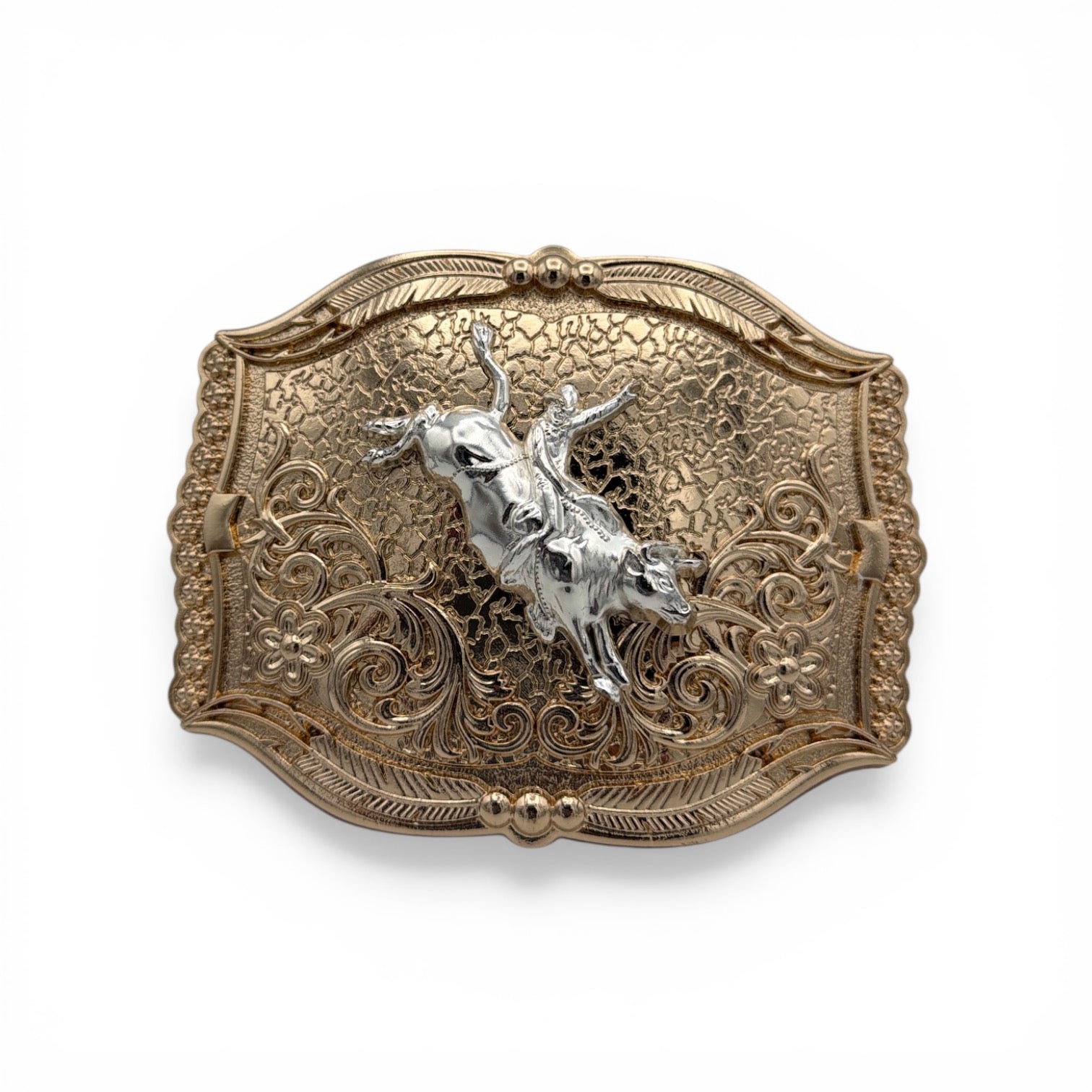 Silver Rodeo Legacy Buckle with detailed silver bull rider on a gold tone, scroll-engraved background.