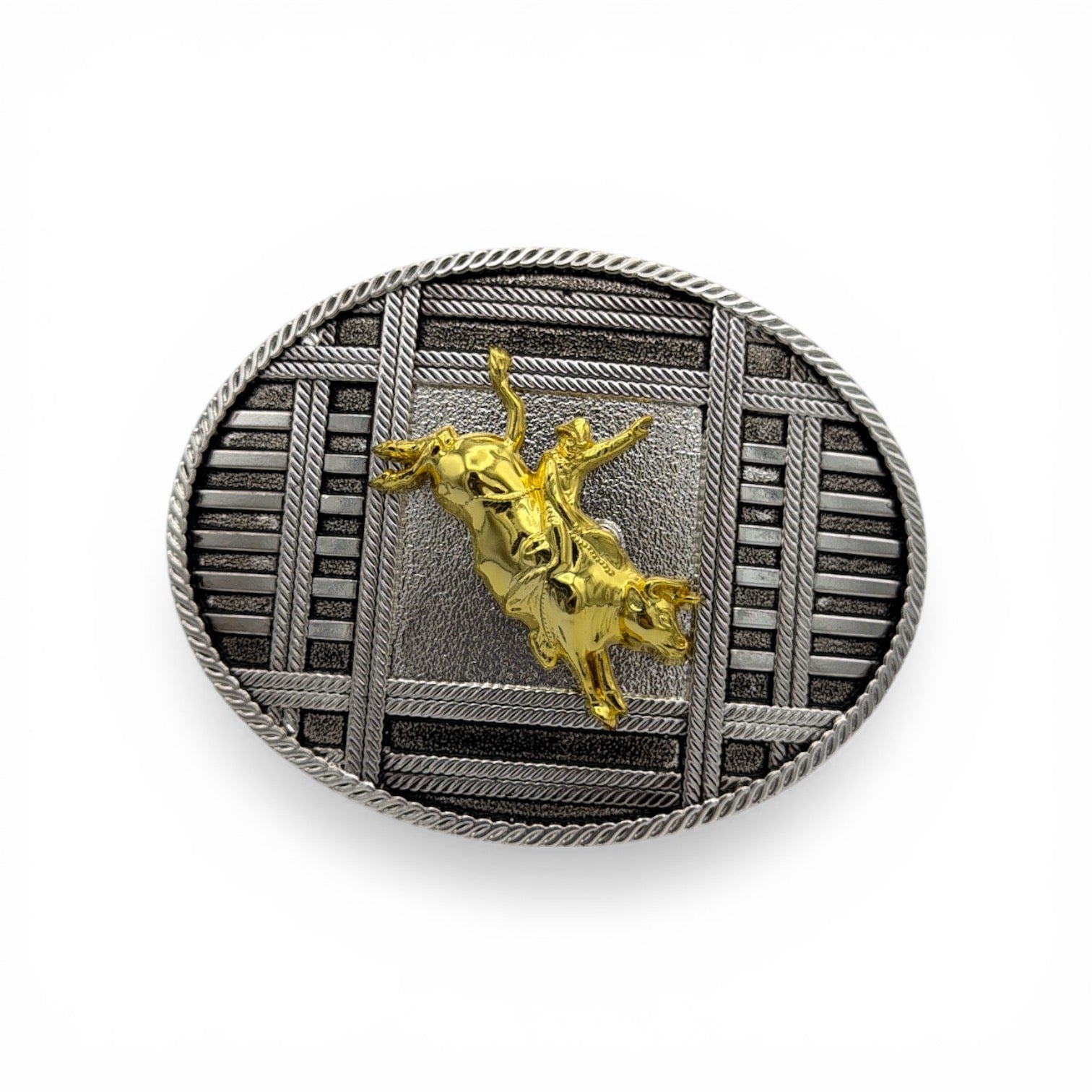 Golden oval western buckle with a gold bull rider on a silver rope pattern background.