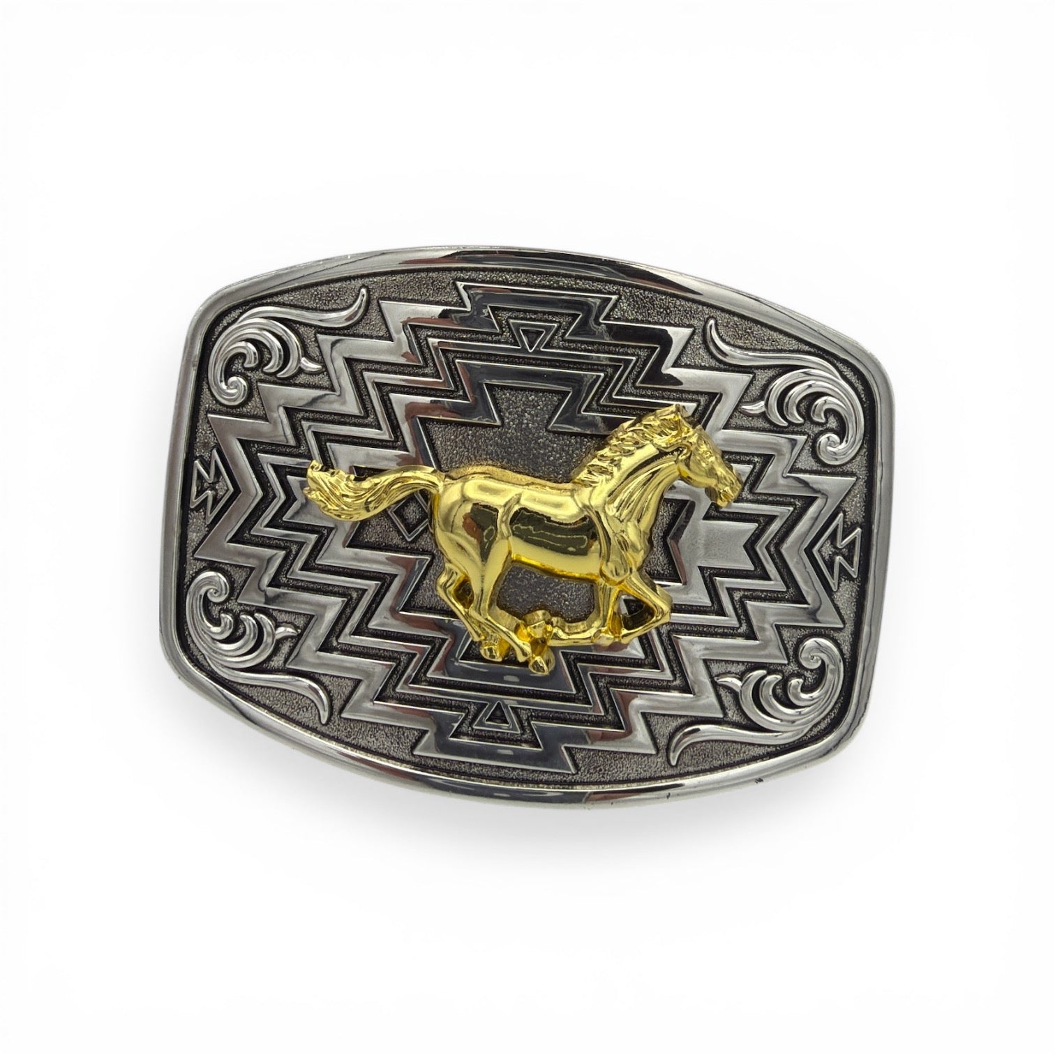 Golden running horse western buckle with southwestern geometric pattern and engraved silver scroll accents.