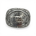 Silver oval western buckle with a running wild horse, scroll engravings, and rope border.