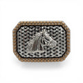 Western rectangular buckle with silver horse head, braided metal, and gold beaded border.