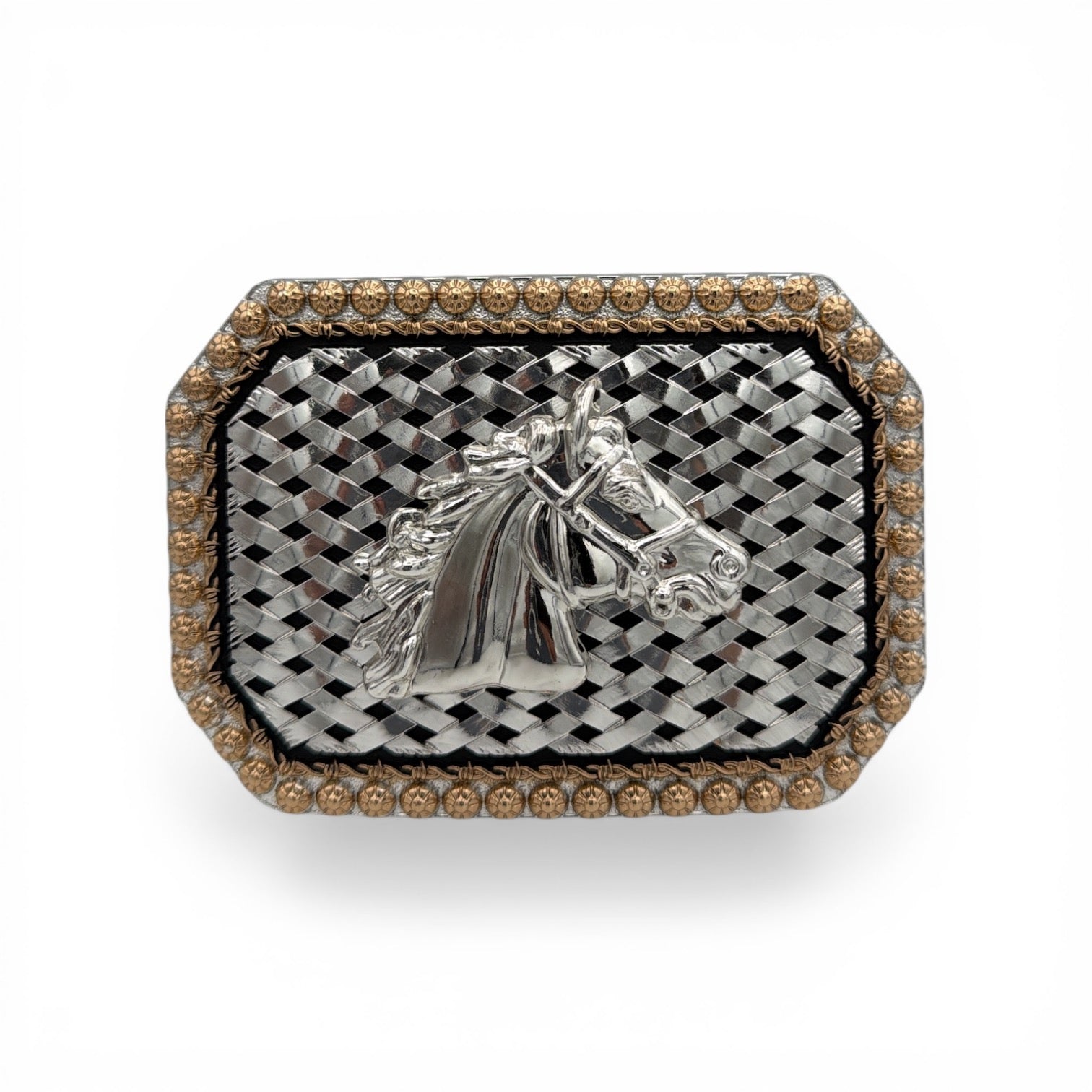 Western rectangular buckle with silver horse head, braided metal, and gold beaded border.