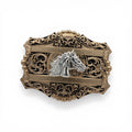Golden Heritage western belt buckle with silver horse head, gold scrollwork, black background, and crystal accents.