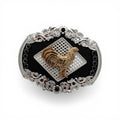 Golden Rooster Western Buckle: gold tone rooster, silver scrollwork, black base, black crystal accents.