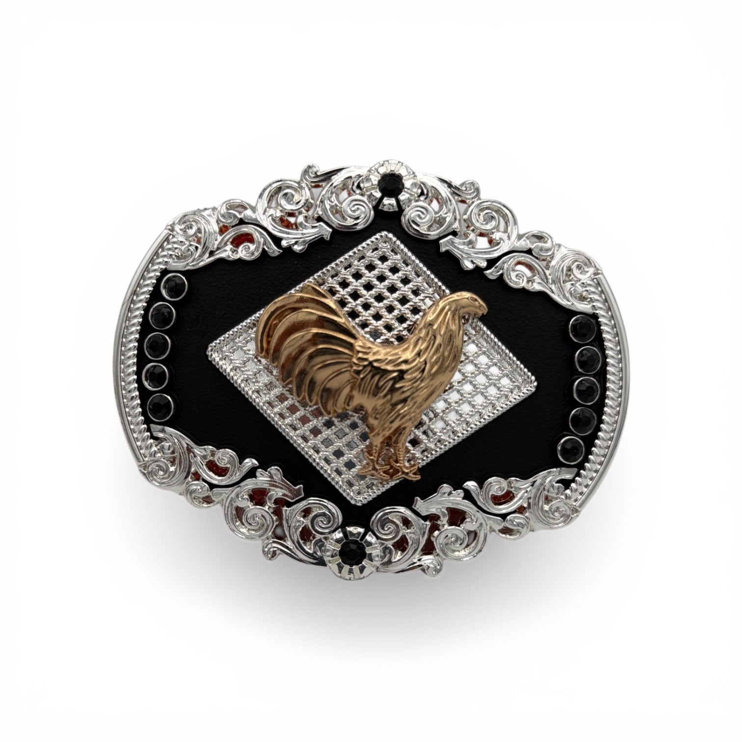 Golden Rooster Western Buckle: gold tone rooster, silver scrollwork, black base, black crystal accents.