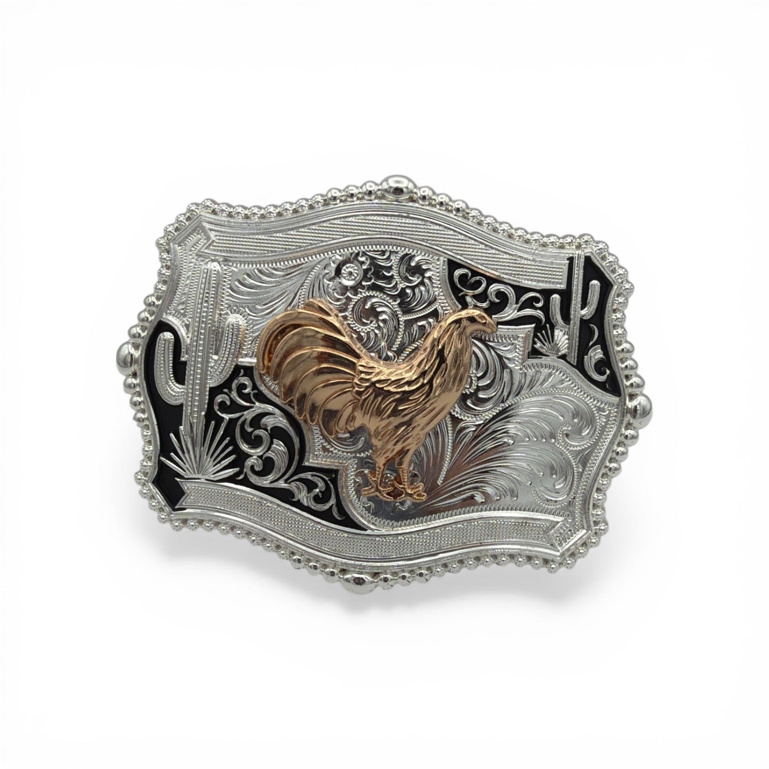 Gold tone rooster on silver western buckle with black enamel cactus accents and beaded border.