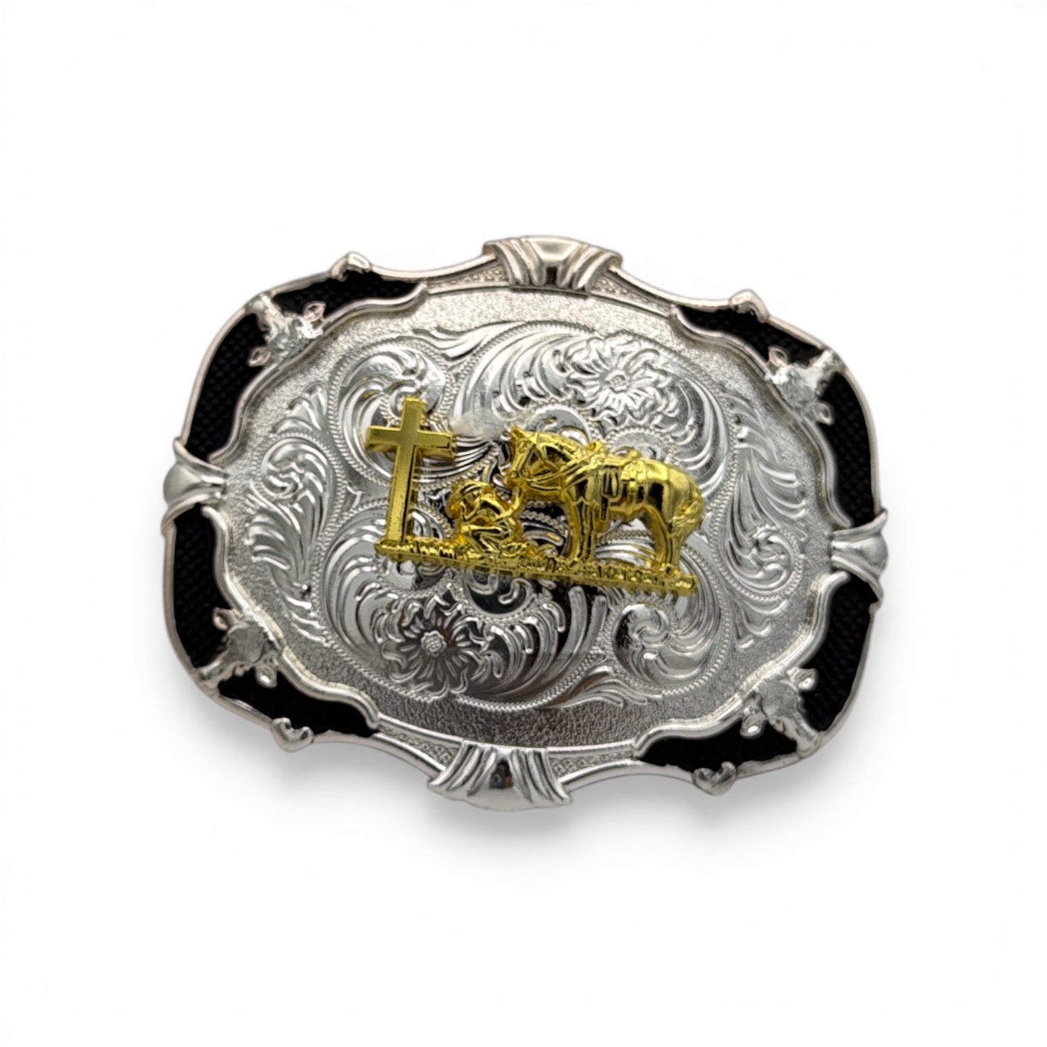 Silver and gold oval Cowboy Prayer Buckle with a kneeling cowboy, horse, and cross, framed by black accents.