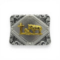 Two-tone silver and gold rectangular western buckle with kneeling cowboy, horse, and cross.