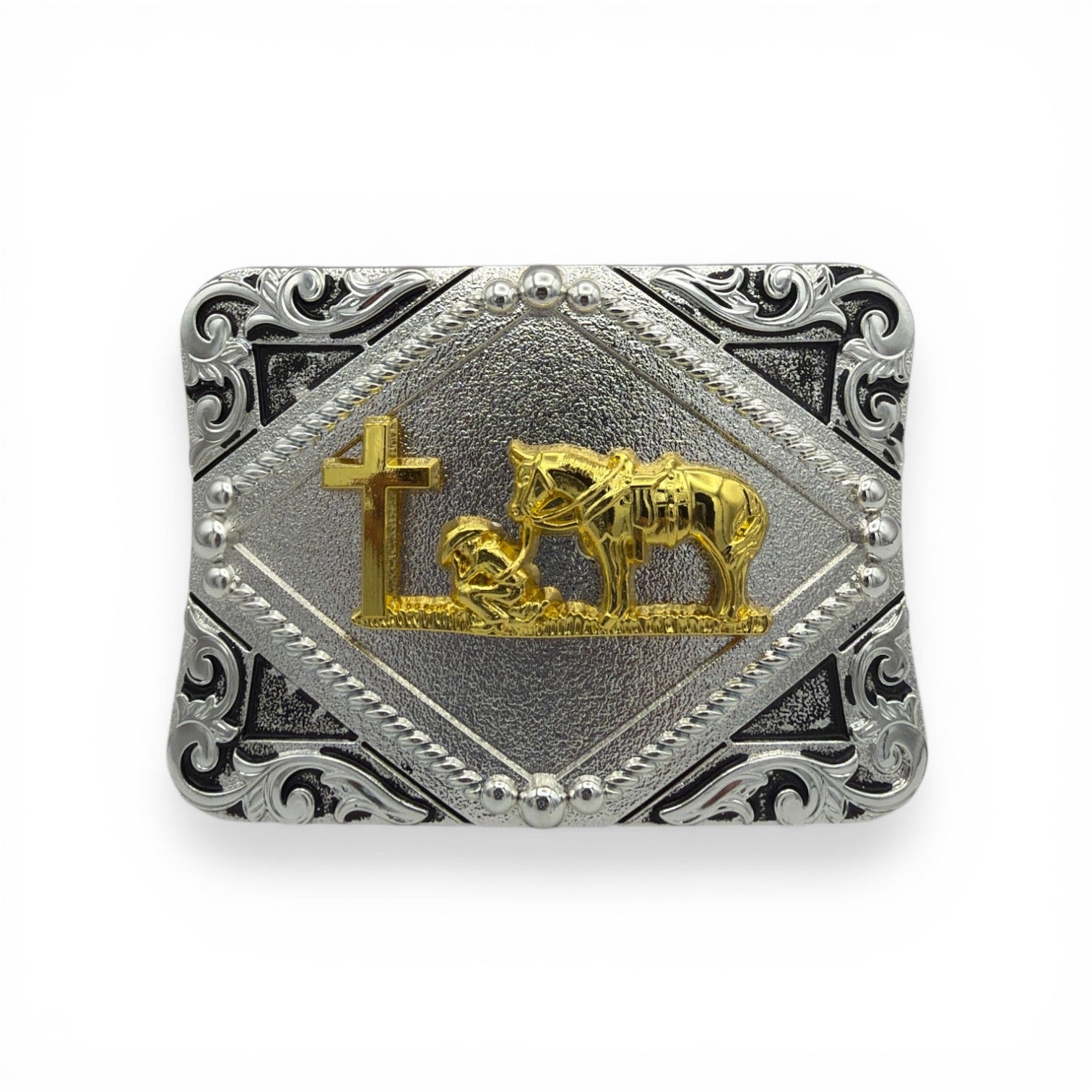 Two-tone silver and gold rectangular western buckle with kneeling cowboy, horse, and cross.