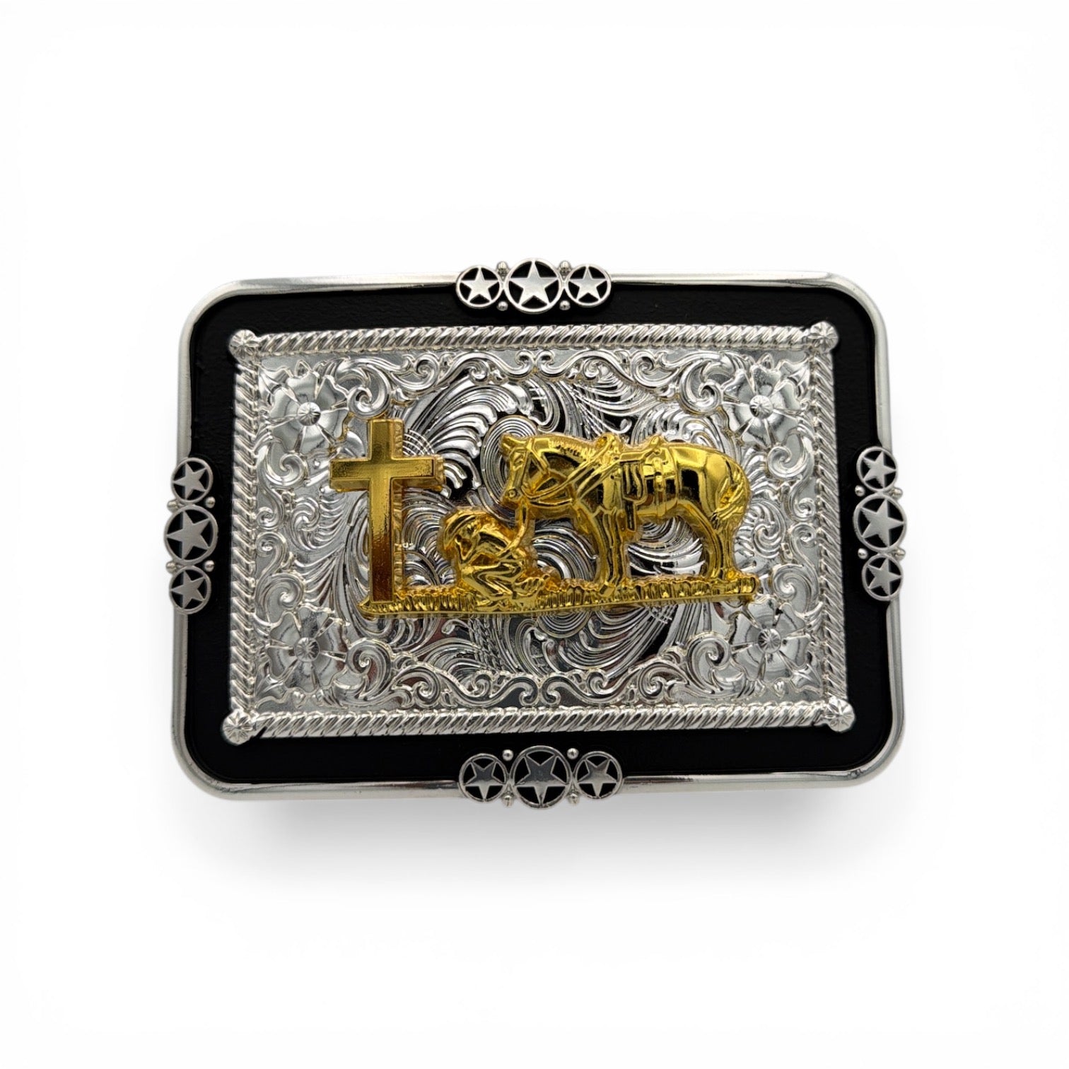 Two-tone Cowboy Faith Star Buckle with gold kneeling cowboy, horse, cross, and silver scrollwork on black.