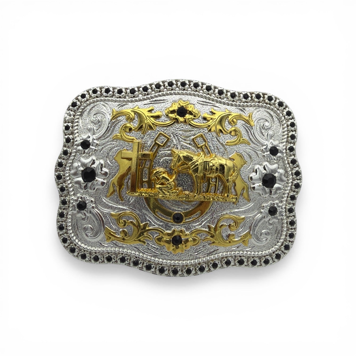 Two-tone silver and gold Blessed Cowboy Prayer Buckle with kneeling cowboy, horse, cross, scrollwork, and black stones.