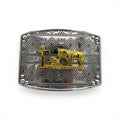 Two-tone silver and gold Western Faith Cowboy Buckle with kneeling cowboy, horse, and cross on a geometric background.