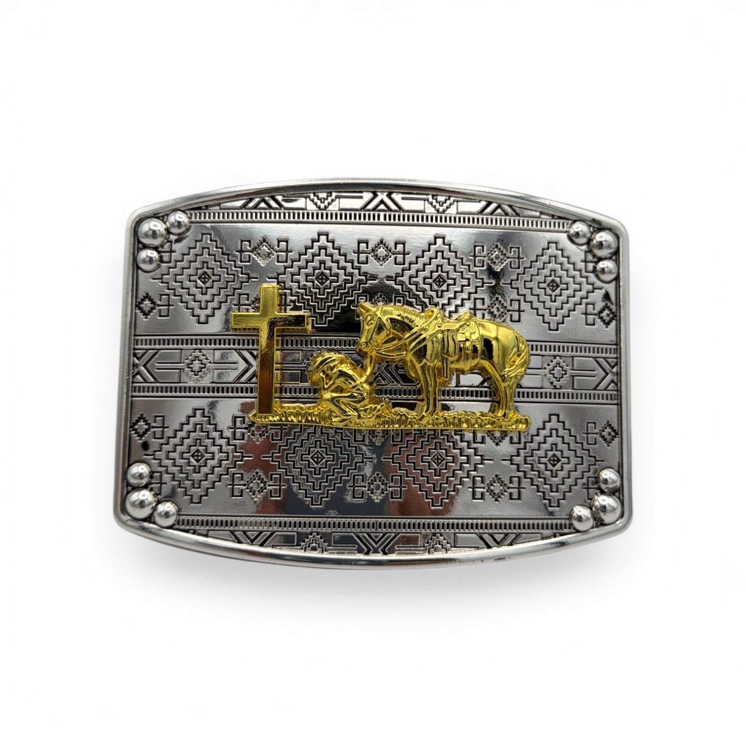 Two-tone silver and gold Western Faith Cowboy Buckle with kneeling cowboy, horse, and cross on a geometric background.