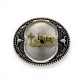 Two-tone silver and gold Cowboy Prayer Heritage Buckle with kneeling cowboy, horse, and cross.