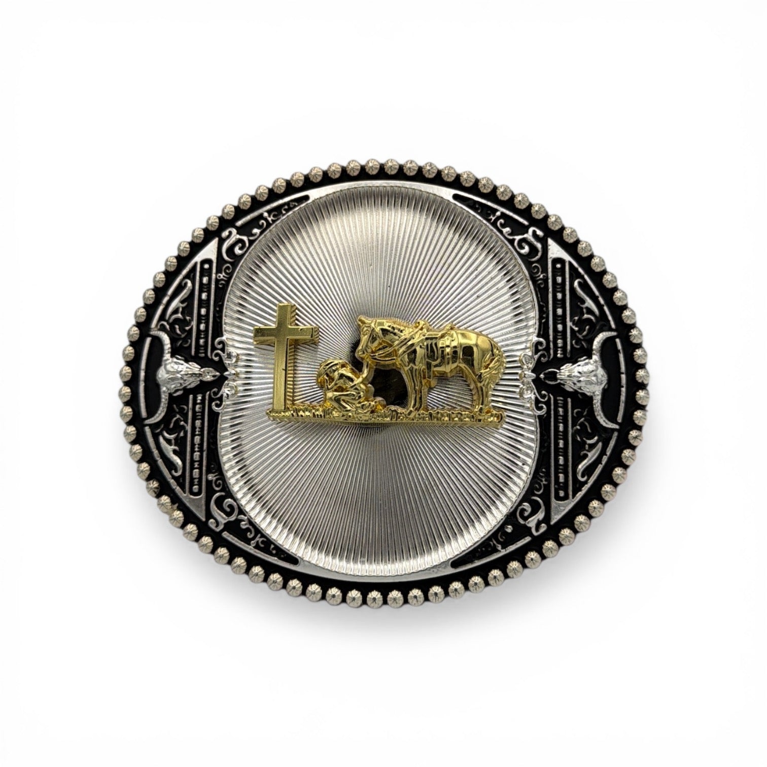 Two-tone silver and gold Cowboy Prayer Heritage Buckle with kneeling cowboy, horse, and cross.