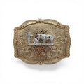 Gold and silver tone cowboy buckle with a kneeling cowboy, horse, and cross on an engraved western scroll background.