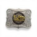 Two-tone silver and gold western buckle with kneeling cowboy, horse, and cross.