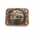 Two-tone gold and silver Cowboy Faith Filigree Buckle with kneeling cowboy, horse, and cross.