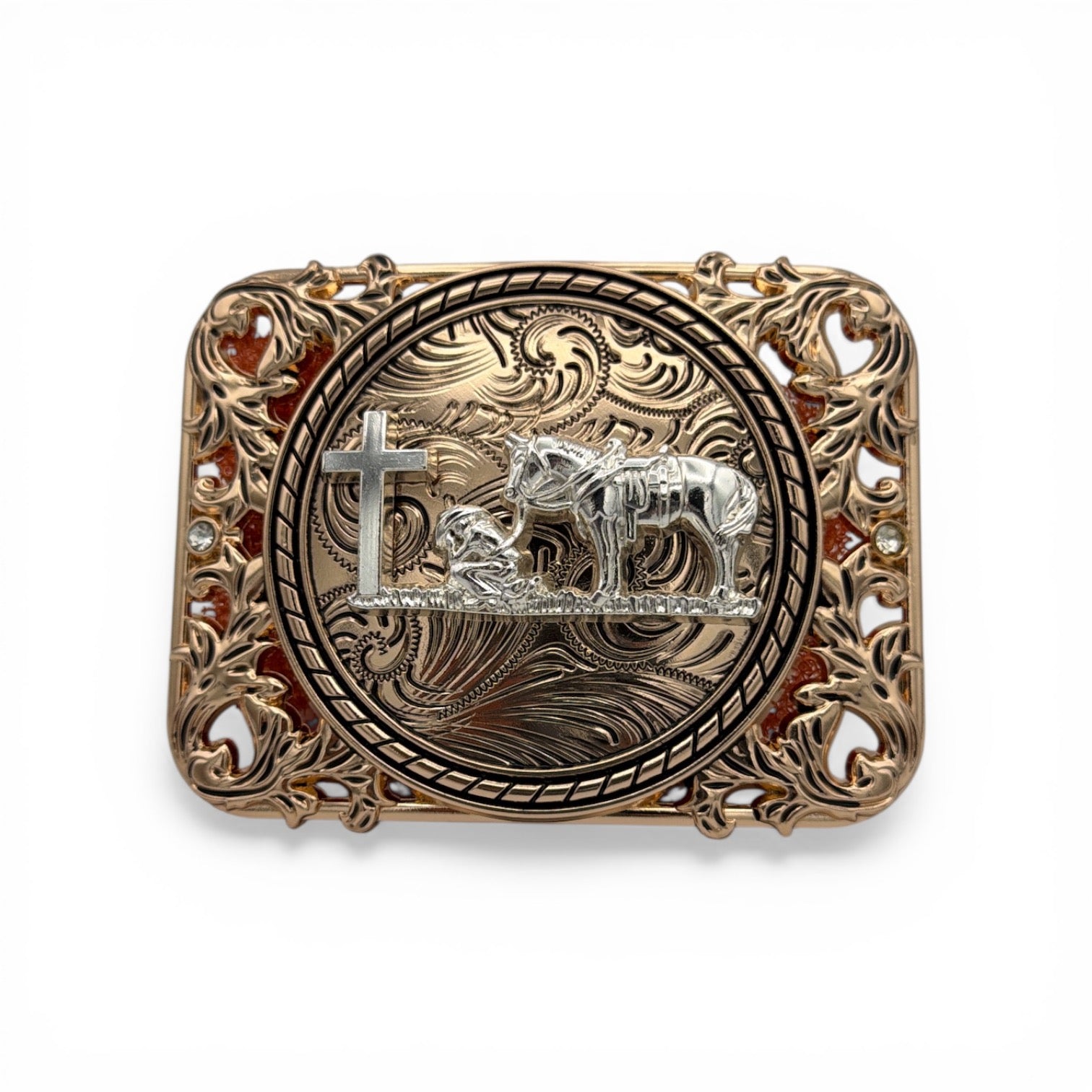 Two-tone gold and silver Cowboy Faith Filigree Buckle with kneeling cowboy, horse, and cross.