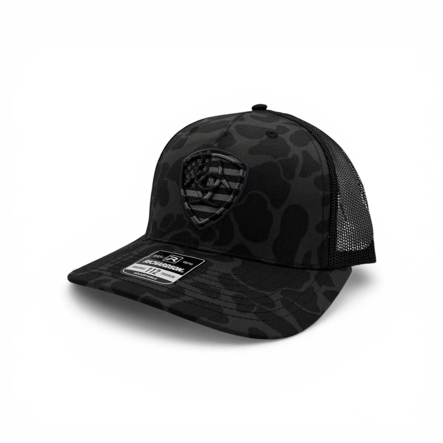 ARIAT MENS CAP SNAP BACK EMBROIDERED SHIELD CAMO BLACK GREY