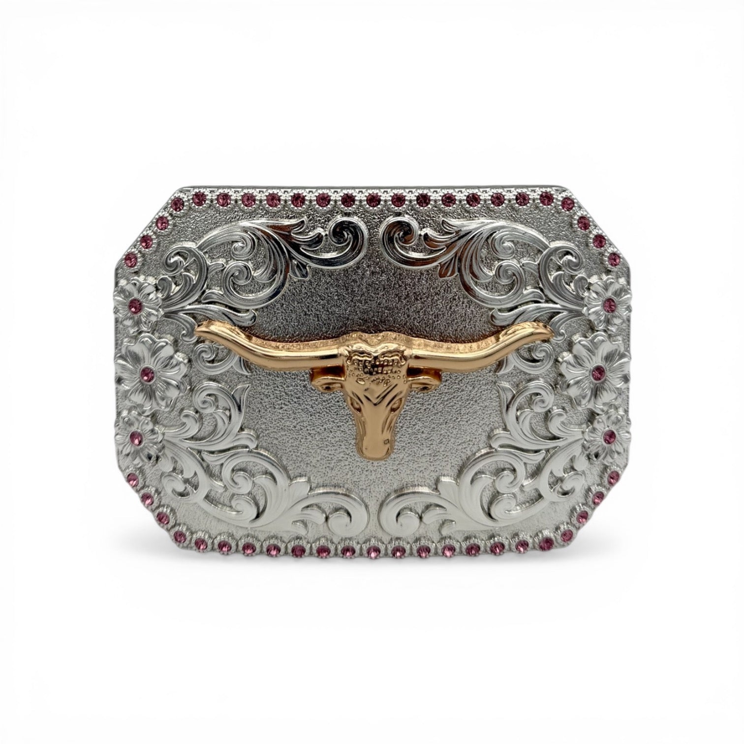 Gold longhorn skull on engraved silver western buckle with pink stone border.