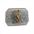Gold tone Sacred Heart saint on silver western buckle with pink stone border.