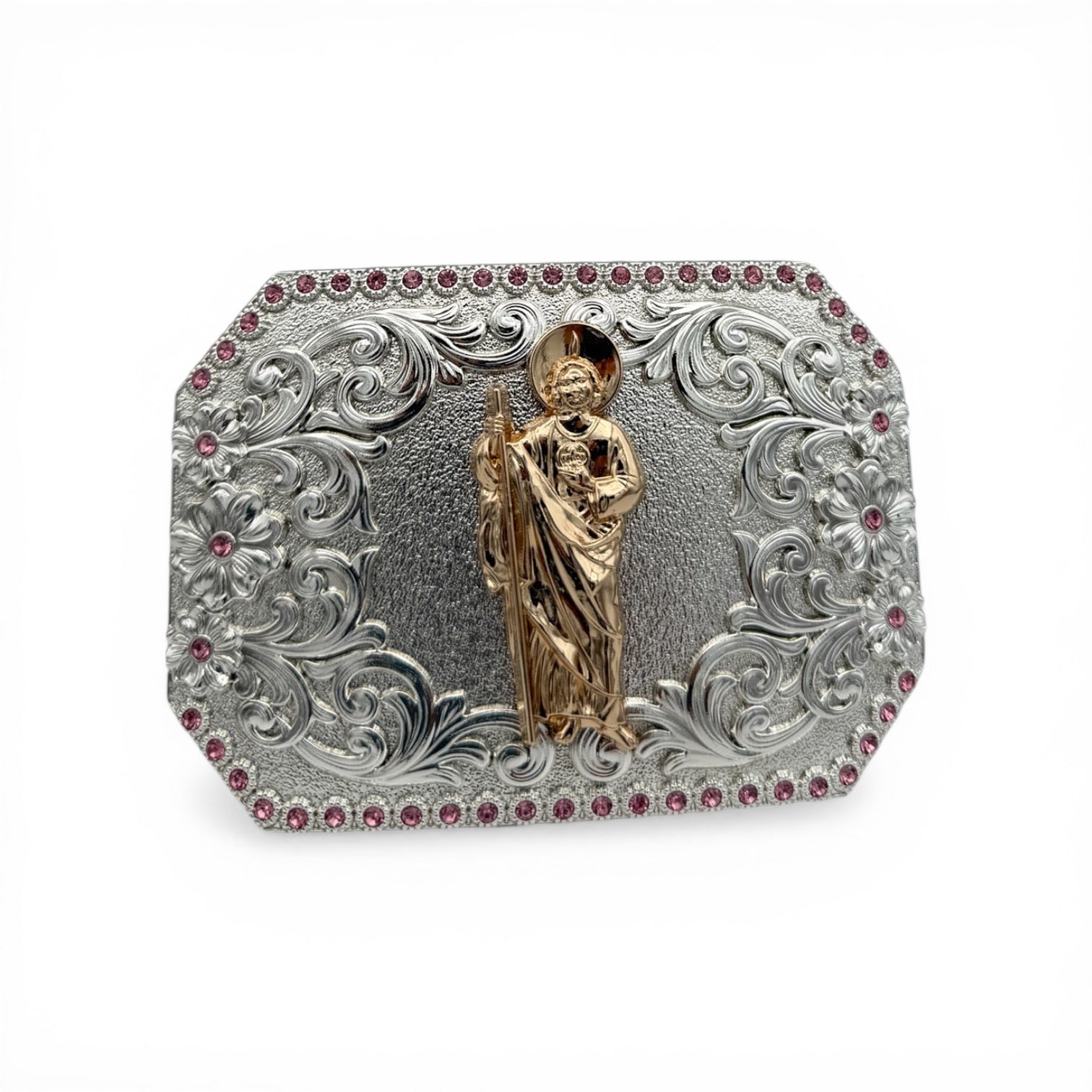 Gold tone Sacred Heart saint on silver western buckle with pink stone border.