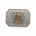 Gold Virgin Mary (Our Lady of Guadalupe) western buckle with silver scroll engraving and pink stone border.