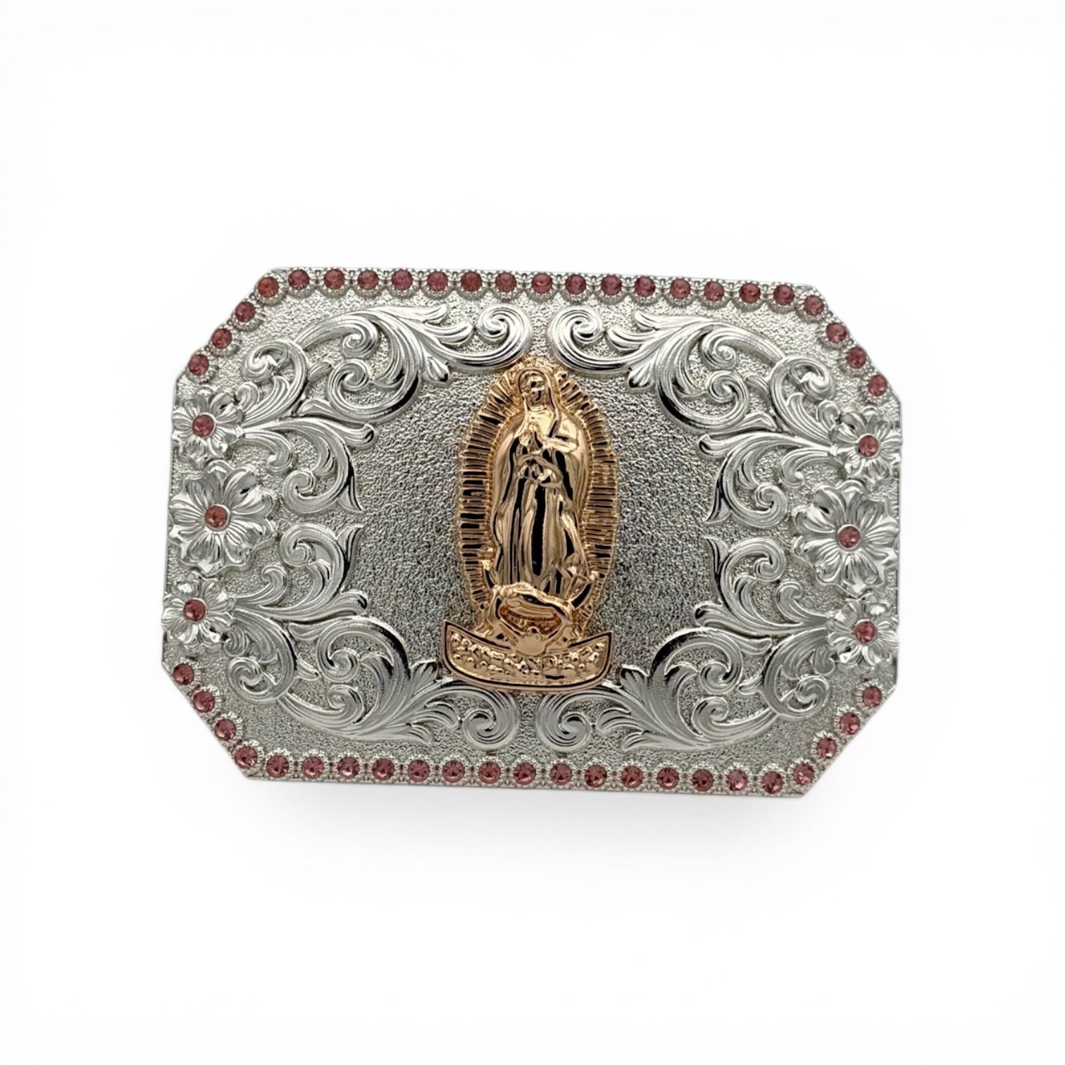 Gold Virgin Mary (Our Lady of Guadalupe) western buckle with silver scroll engraving and pink stone border.