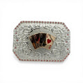 Silver western buckle with gold four aces, pink stone border, and scroll engraving.