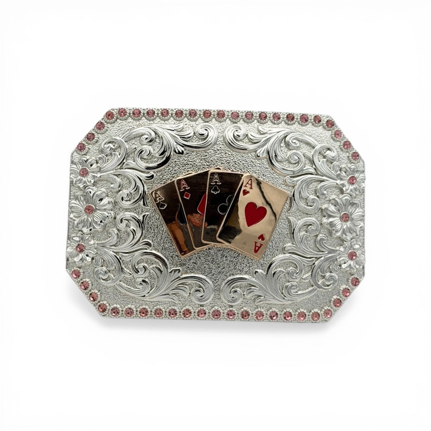 Silver western buckle with gold four aces, pink stone border, and scroll engraving.