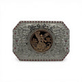 Gold Centenario coin buckle with silver western scroll engraving and pink stone border.