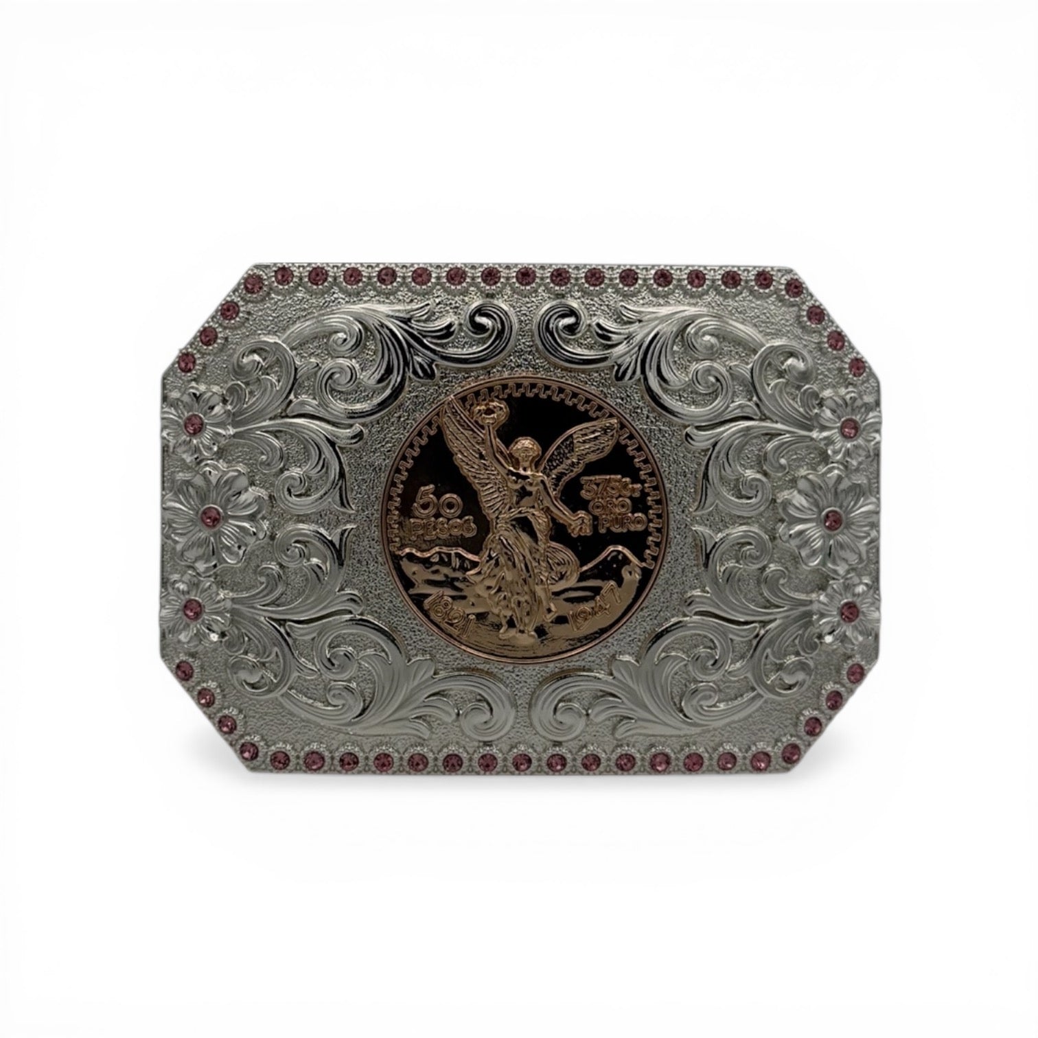 Gold Centenario coin buckle with silver western scroll engraving and pink stone border.