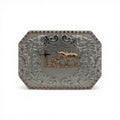 Rose gold cowboy faith buckle with kneeling cowboy, horse, cross, silver scrollwork, and pink stone border.