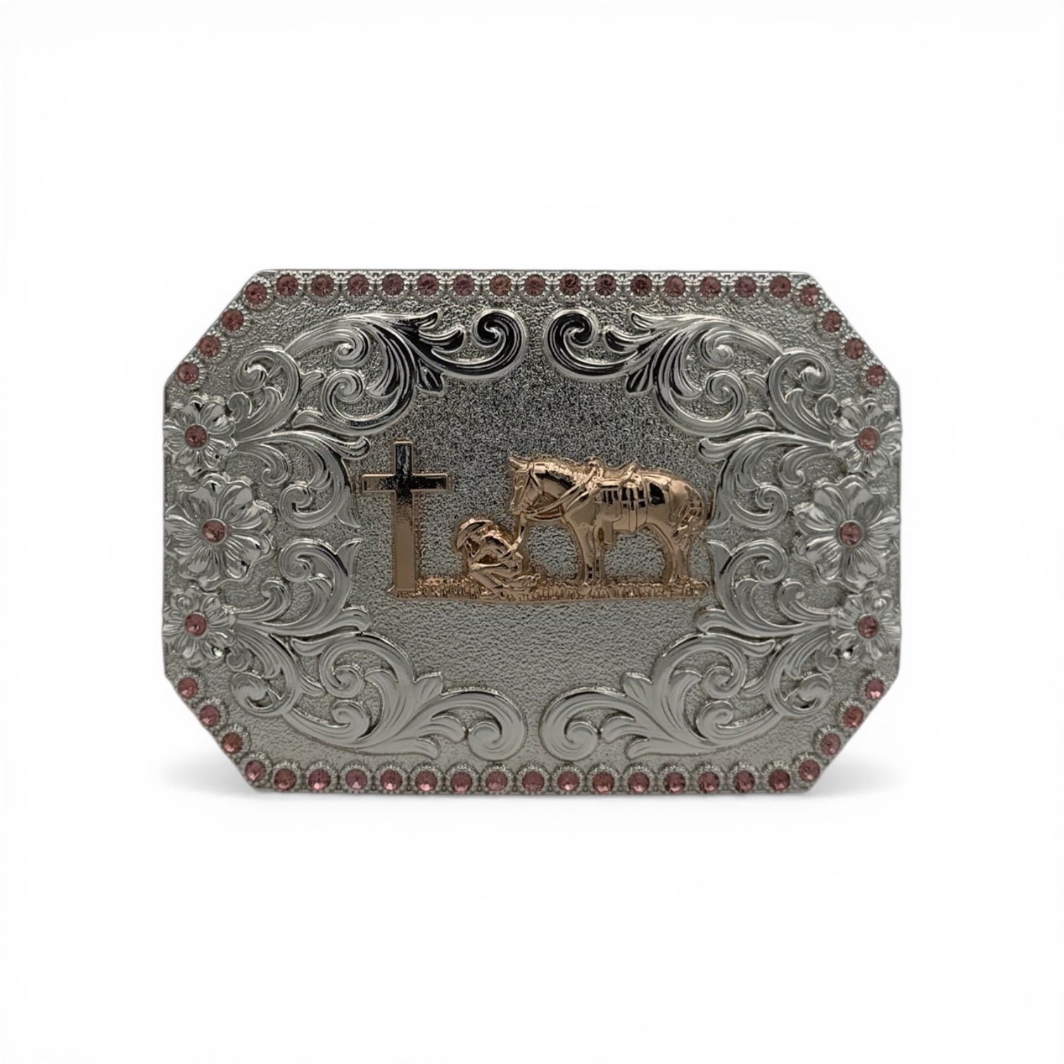 Rose gold cowboy faith buckle with kneeling cowboy, horse, cross, silver scrollwork, and pink stone border.