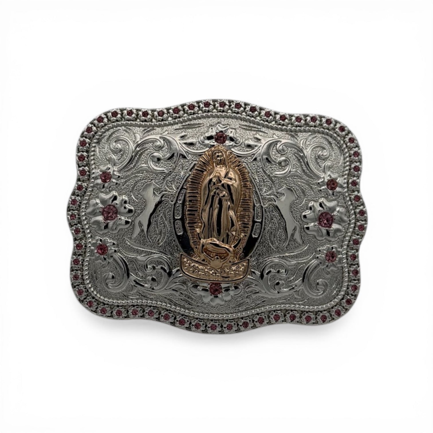 Gold Virgin Mary on silver western buckle with pink stone border and scroll engraving.