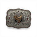 Golden Rooster Pink Stone Western Buckle with gold rooster, silver scrollwork, and pink stone border.