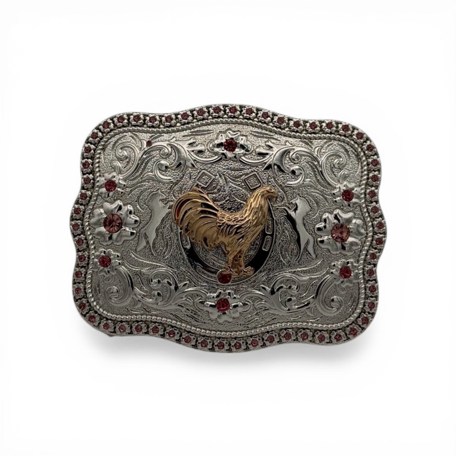 Golden Rooster Pink Stone Western Buckle with gold rooster, silver scrollwork, and pink stone border.