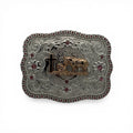 Rose gold and silver tone cowboy prayer buckle with pink stones and western scroll engraving.