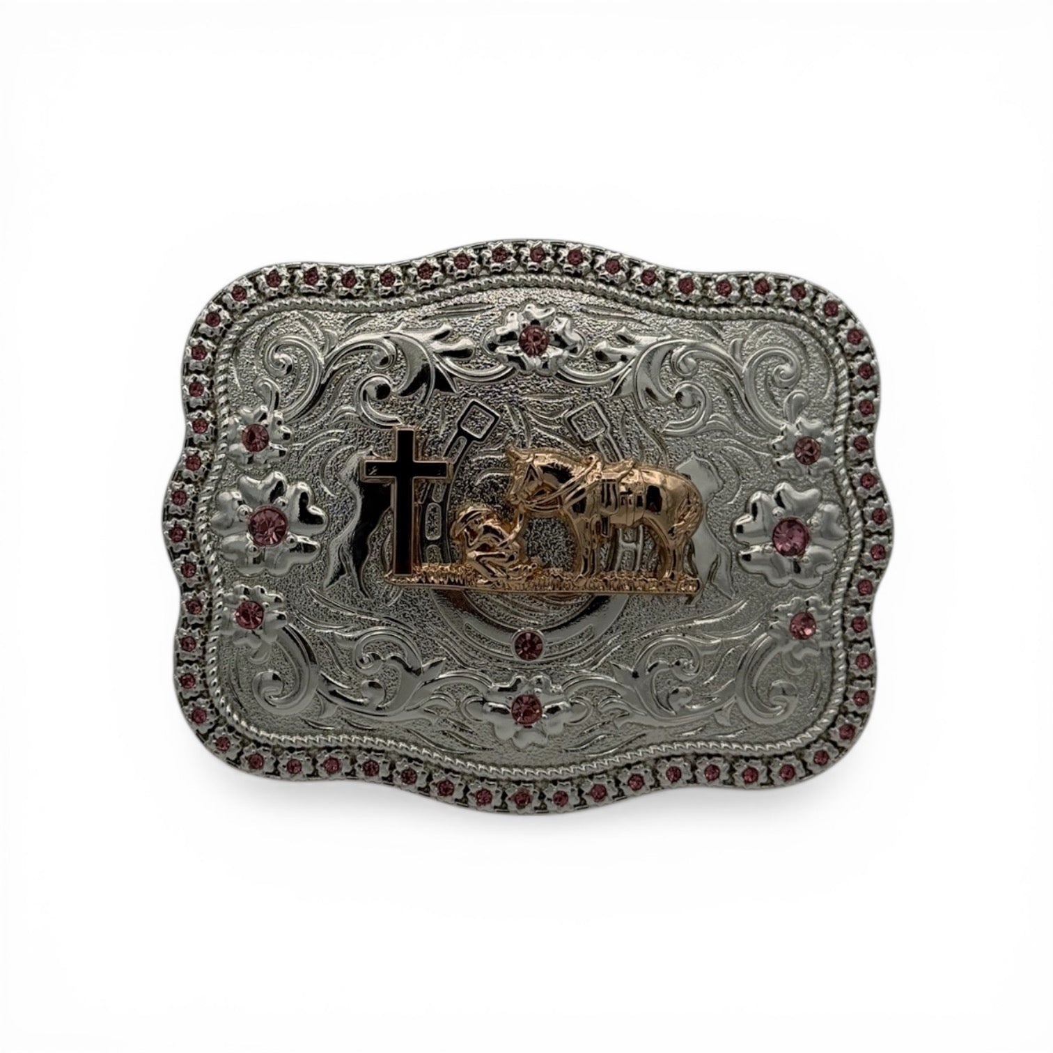 Rose gold and silver tone cowboy prayer buckle with pink stones and western scroll engraving.