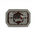 Silver and brown western buckle with a royal flush (four aces) centerpiece, scroll engravings, and rope border.