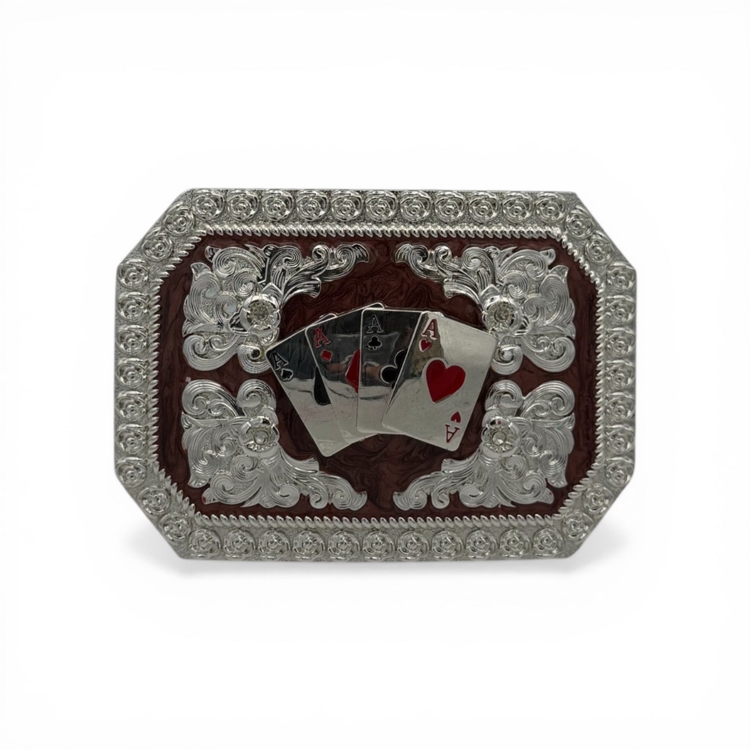 Silver and brown western buckle with a royal flush (four aces) centerpiece, scroll engravings, and rope border.