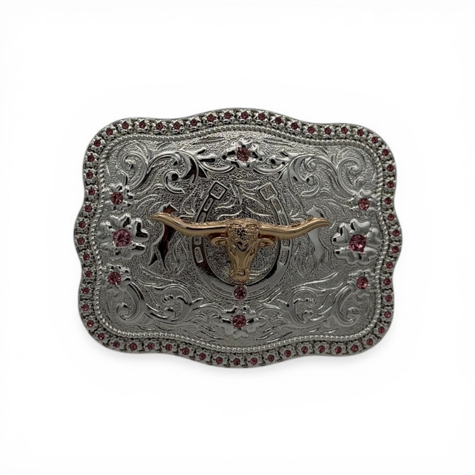 Silver western buckle with a gold longhorn skull, ruby red stones, and scrollwork.
