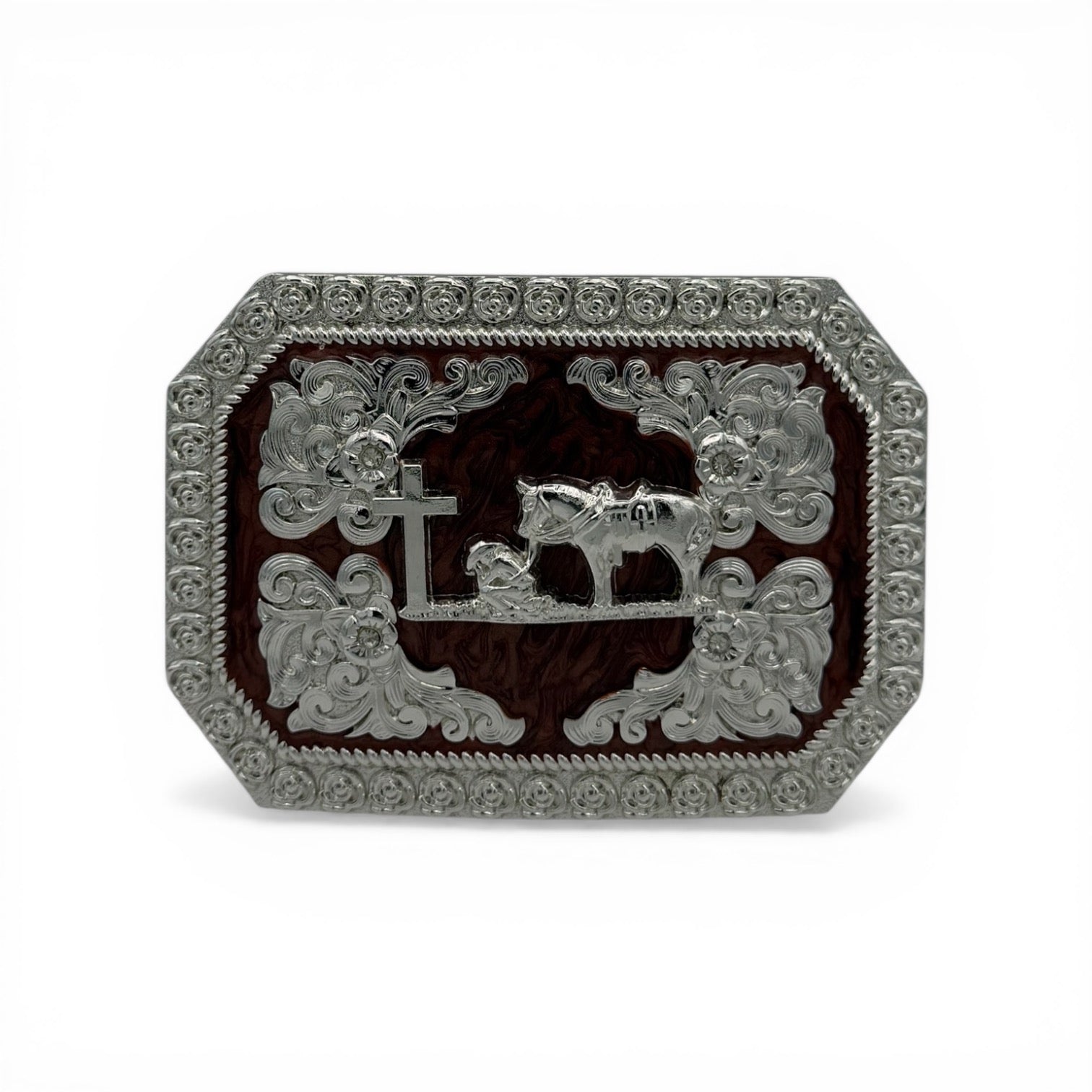Silver tone Cowboy Faith Woodgrain Buckle with kneeling cowboy, horse, cross, and western scroll engravings.