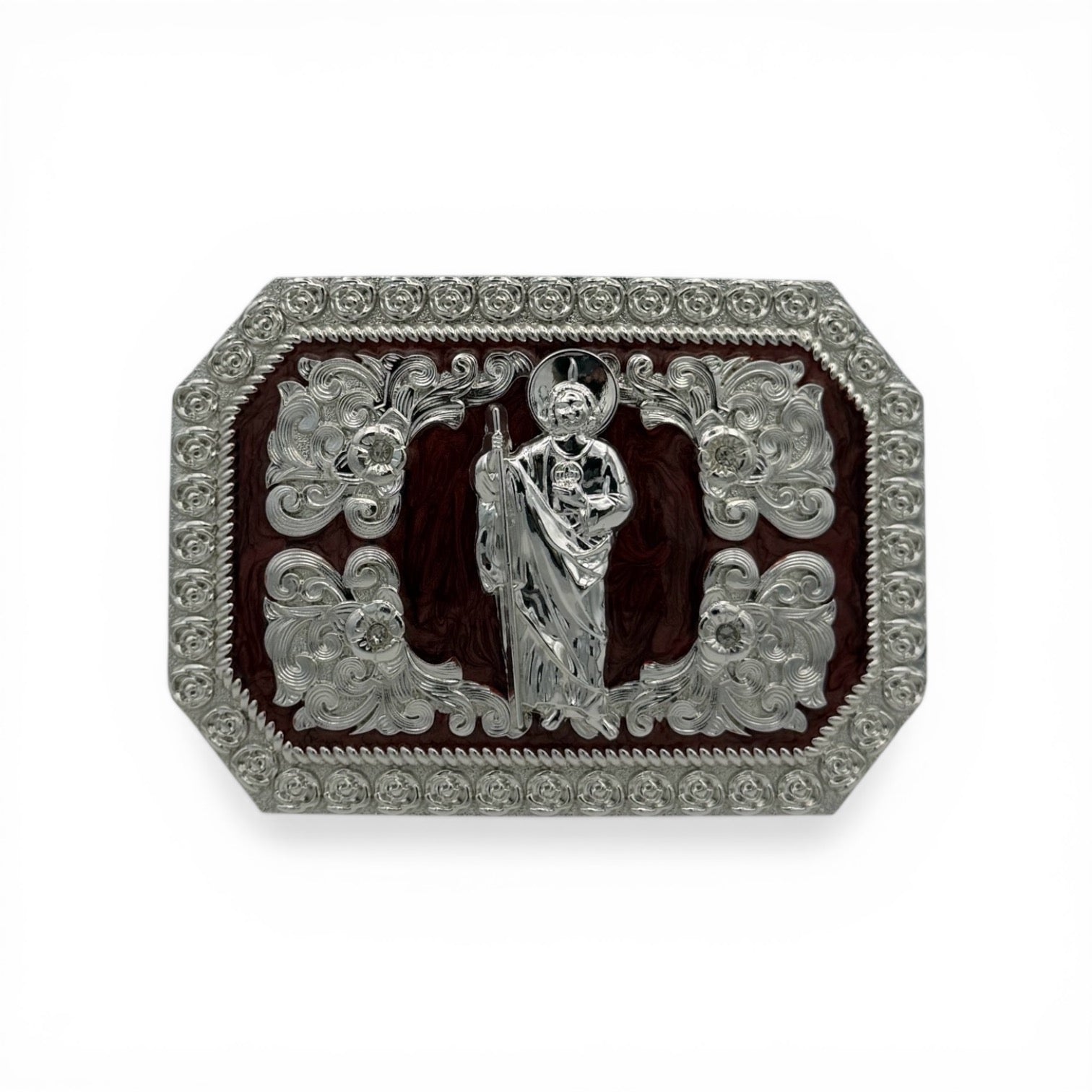 Silver Saint Jude woodgrain faith buckle with western scroll engravings and rope border.