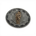 Gold Saint Jude figure on a silver western scroll engraved oval buckle with a black Aztec border.